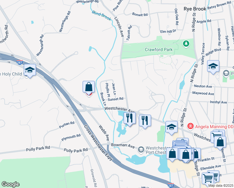 map of restaurants, bars, coffee shops, grocery stores, and more near 3 Jean Lane in Rye Brook