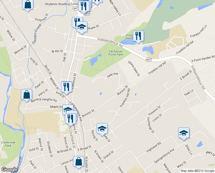 map of restaurants, bars, coffee shops, grocery stores, and more near 90 Stones Throw in East Stroudsburg