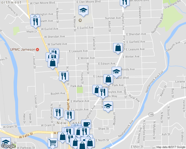 map of restaurants, bars, coffee shops, grocery stores, and more near 135 East Laurel Avenue in New Castle