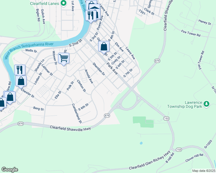 map of restaurants, bars, coffee shops, grocery stores, and more near 607 Cambria Drive in Clearfield