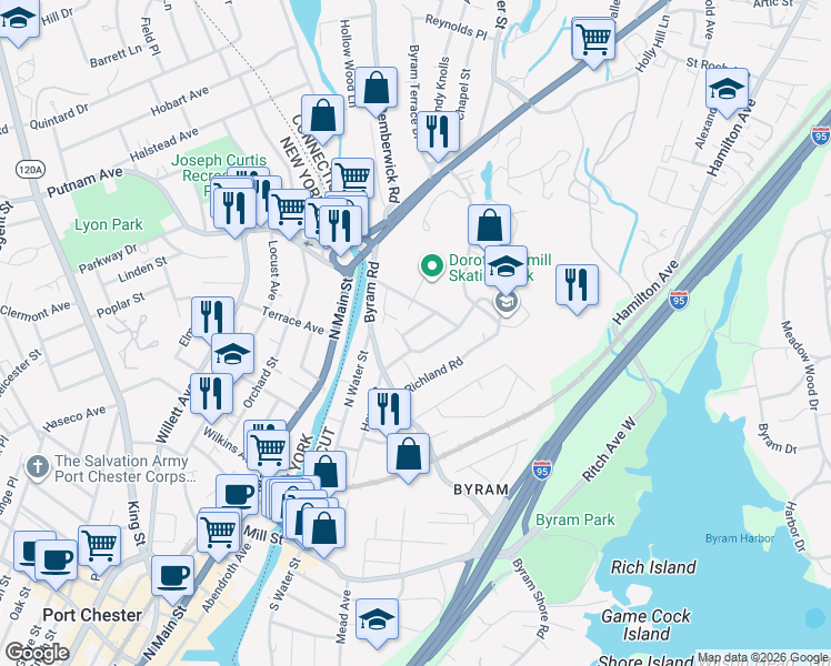 map of restaurants, bars, coffee shops, grocery stores, and more near 12 Highland Road in Greenwich