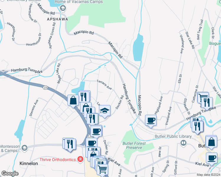 map of restaurants, bars, coffee shops, grocery stores, and more near 38 Terrace Avenue in Butler