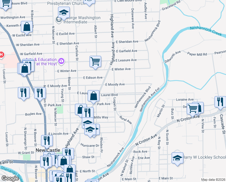 map of restaurants, bars, coffee shops, grocery stores, and more near 335 Laurel Boulevard in New Castle