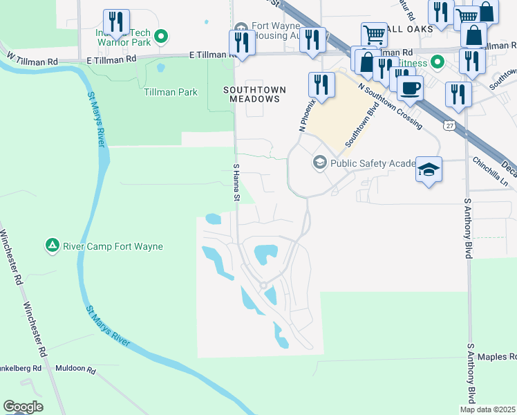 map of restaurants, bars, coffee shops, grocery stores, and more near 7900 Hanna Street in Fort Wayne