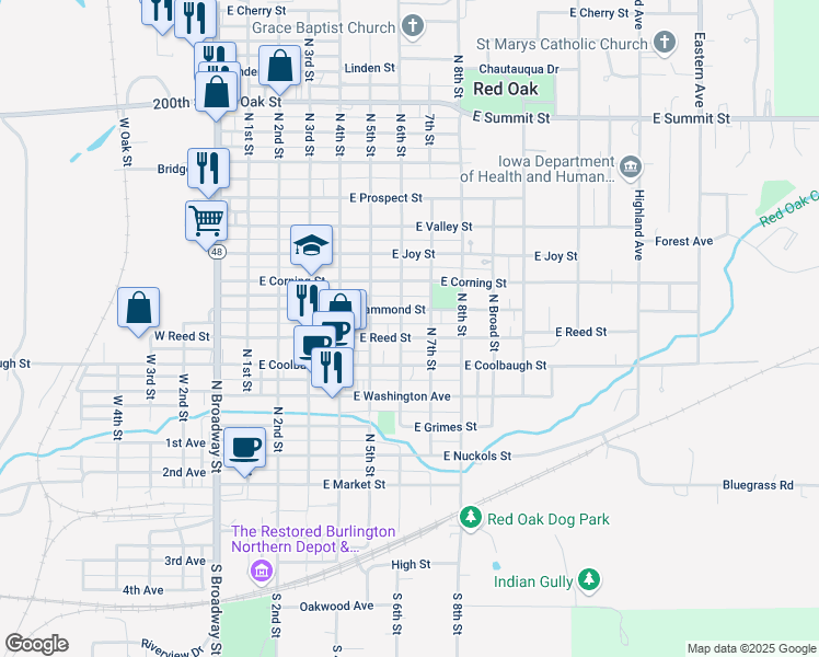 map of restaurants, bars, coffee shops, grocery stores, and more near North 7th Street in Red Oak