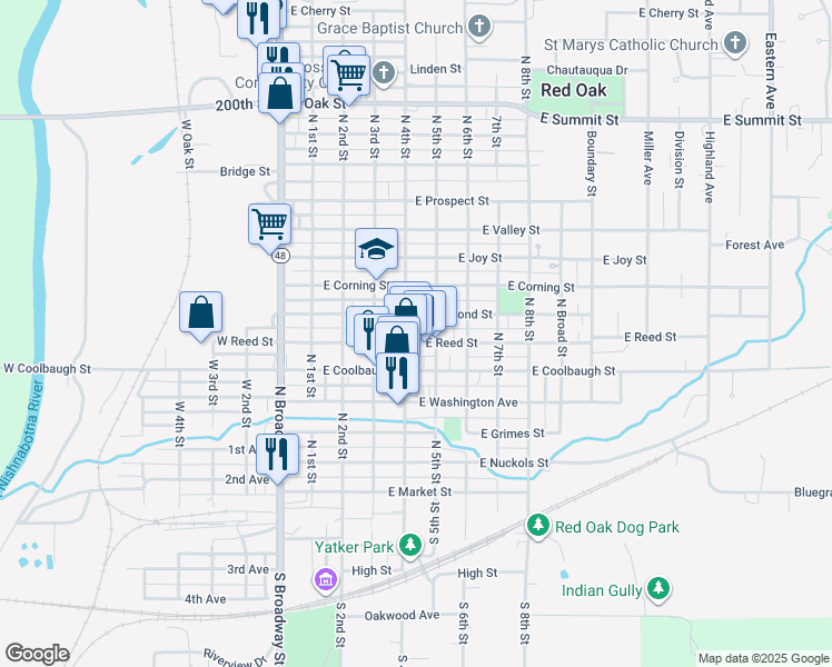 map of restaurants, bars, coffee shops, grocery stores, and more near 411 East Reed Street in Red Oak