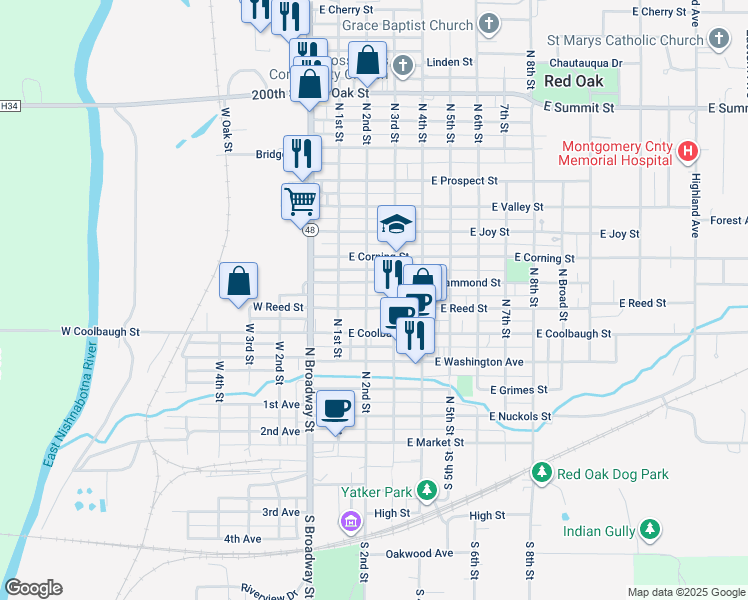 map of restaurants, bars, coffee shops, grocery stores, and more near in Red Oak
