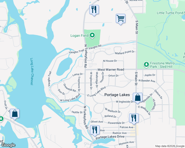 map of restaurants, bars, coffee shops, grocery stores, and more near 345 West Ingleside Drive in Akron
