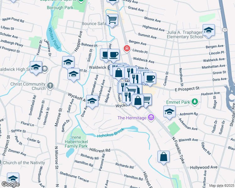 map of restaurants, bars, coffee shops, grocery stores, and more near 20 Harrison Avenue in Waldwick