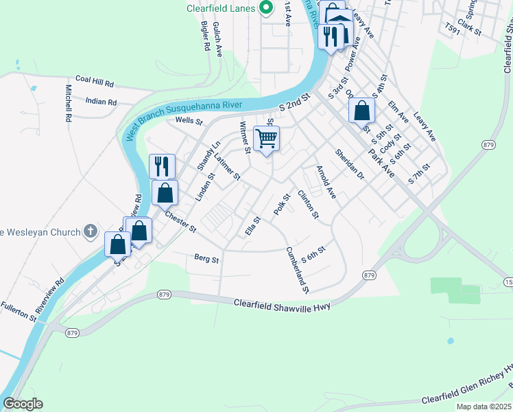 map of restaurants, bars, coffee shops, grocery stores, and more near 422 Spruce Street in Clearfield