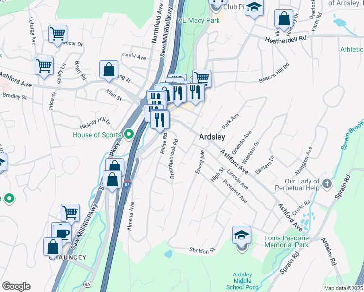 map of restaurants, bars, coffee shops, grocery stores, and more near 7 Lakeview Avenue in Ardsley