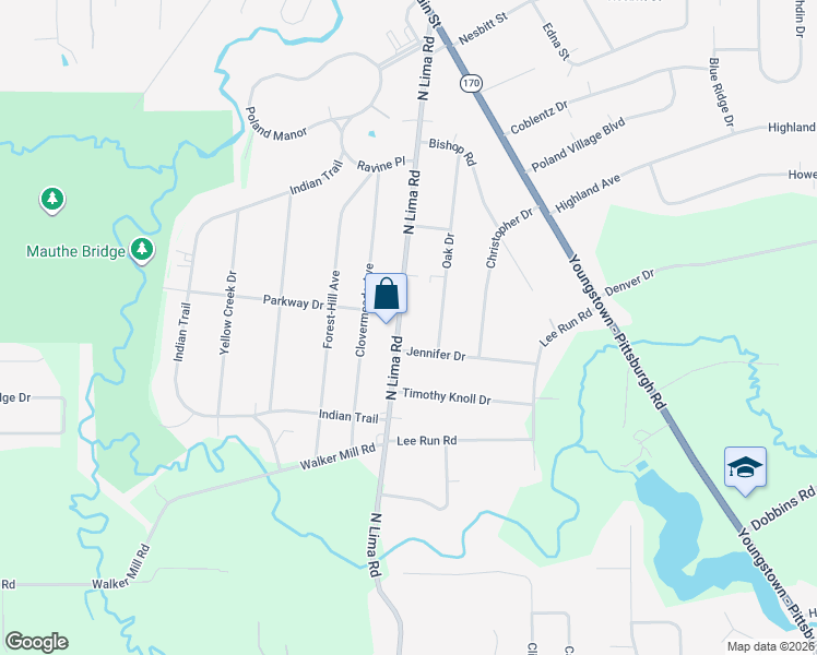 map of restaurants, bars, coffee shops, grocery stores, and more near 7425 North Lima Road in Youngstown
