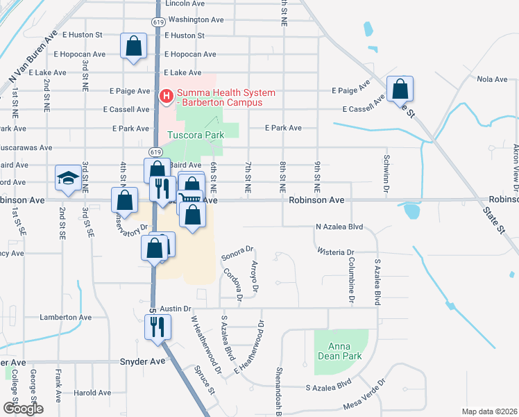 map of restaurants, bars, coffee shops, grocery stores, and more near 616 Robinson Ave in Barberton