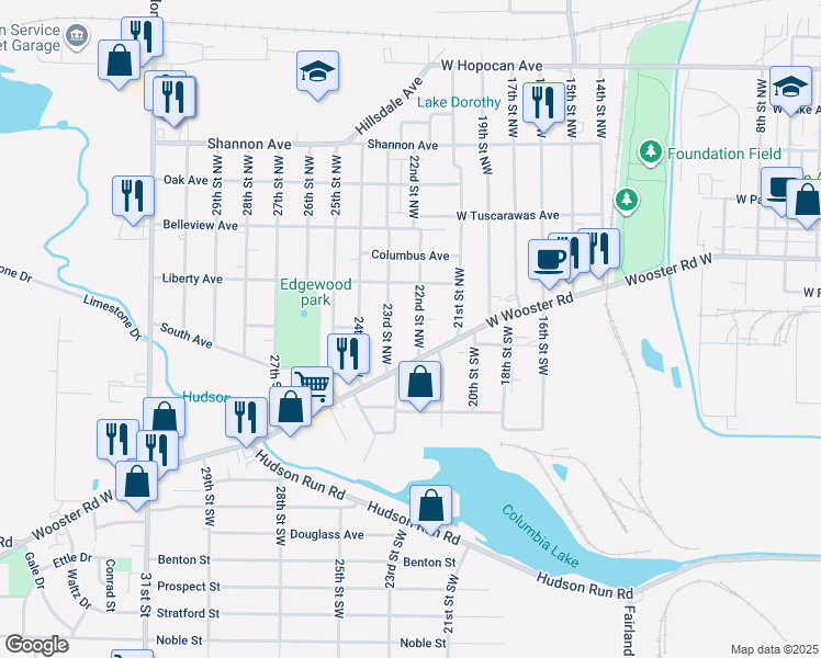 map of restaurants, bars, coffee shops, grocery stores, and more near 30 22nd St NW in Barberton
