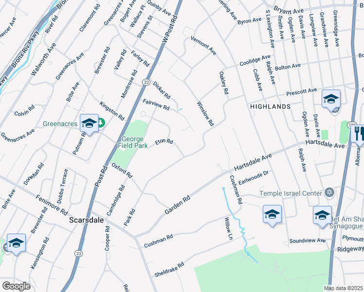 map of restaurants, bars, coffee shops, grocery stores, and more near 35 Eton Road in Scarsdale