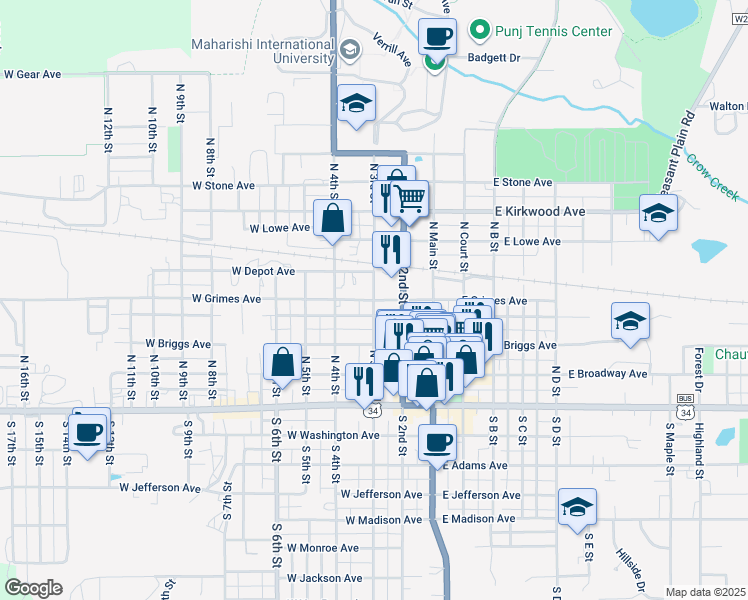 map of restaurants, bars, coffee shops, grocery stores, and more near 300 West Grimes Avenue in Fairfield