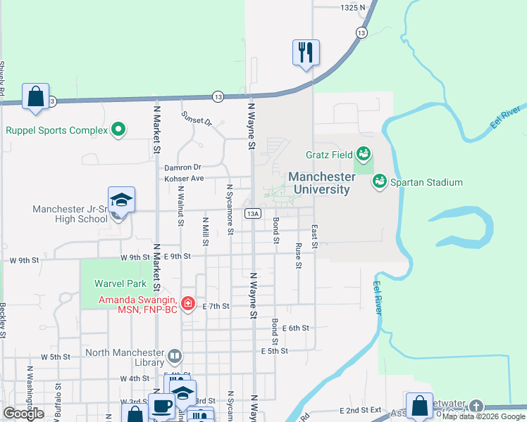 map of restaurants, bars, coffee shops, grocery stores, and more near 503 E College Ave in North Manchester