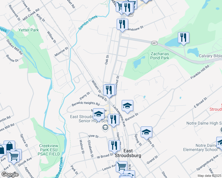 map of restaurants, bars, coffee shops, grocery stores, and more near 412 North Courtland Street in East Stroudsburg