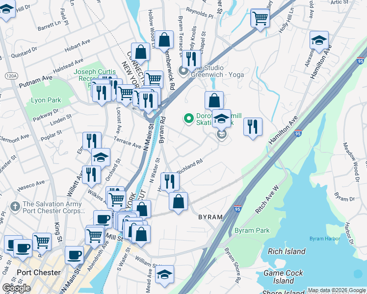 map of restaurants, bars, coffee shops, grocery stores, and more near 12 Highland Road in Greenwich