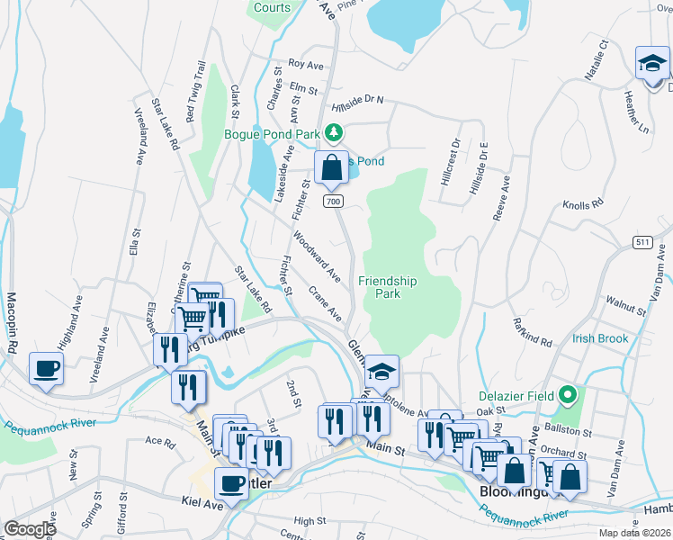map of restaurants, bars, coffee shops, grocery stores, and more near 16 Woodward Avenue in Bloomingdale