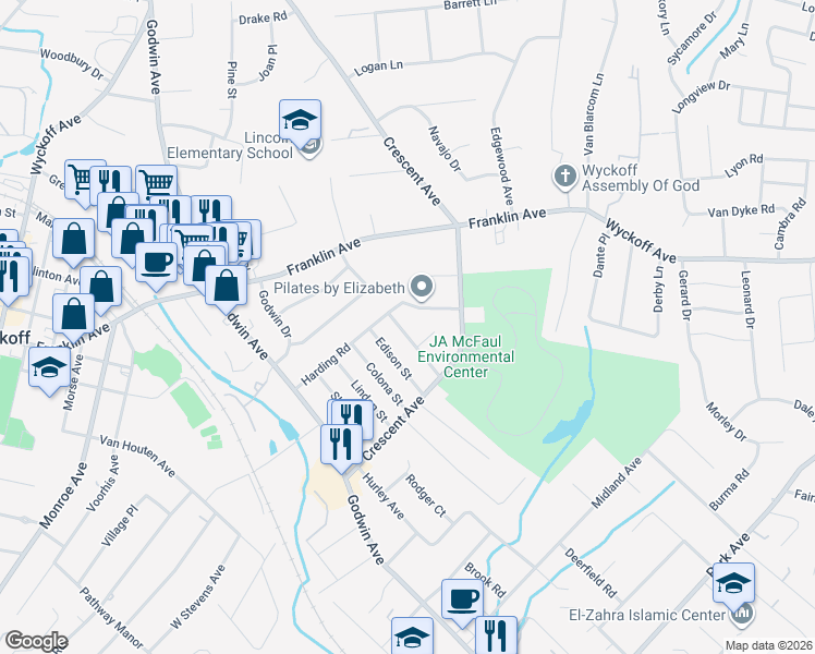 map of restaurants, bars, coffee shops, grocery stores, and more near 112 Wood St in Wyckoff