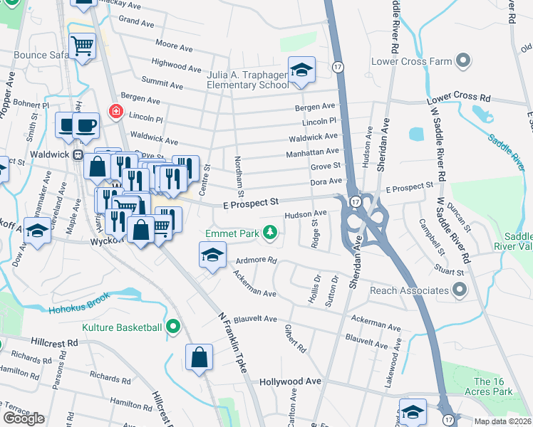 map of restaurants, bars, coffee shops, grocery stores, and more near 6 Hudson Avenue in Waldwick