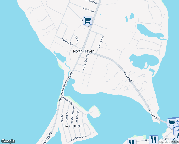 map of restaurants, bars, coffee shops, grocery stores, and more near 26 Coves End Lane in Sag Harbor