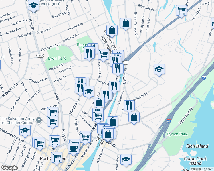 map of restaurants, bars, coffee shops, grocery stores, and more near 126 Terrace Avenue in Port Chester