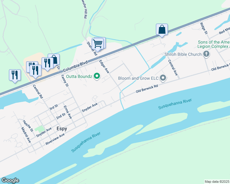 map of restaurants, bars, coffee shops, grocery stores, and more near 2880 White Birch Ln in Bloomsburg