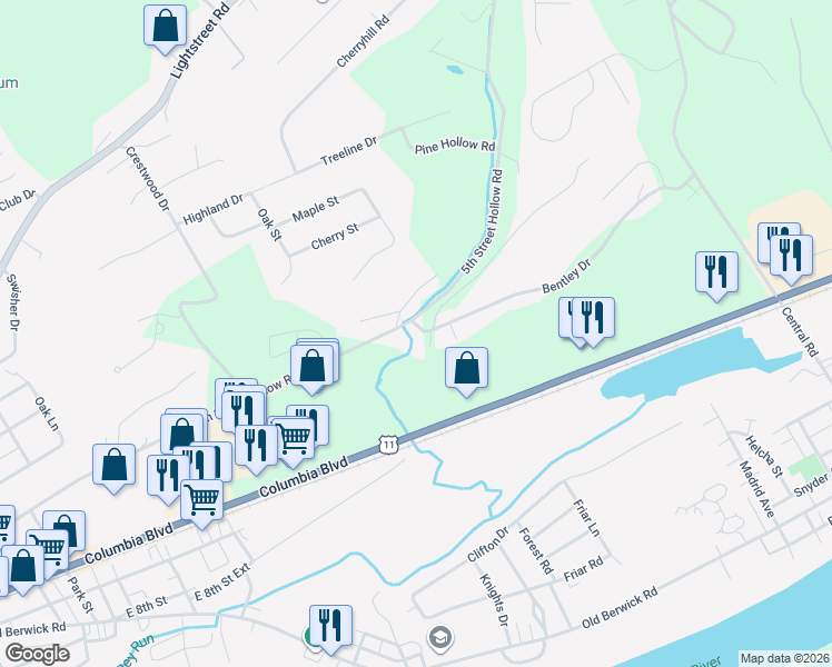 map of restaurants, bars, coffee shops, grocery stores, and more near 2 Bittersweet Dr in Bloomsburg