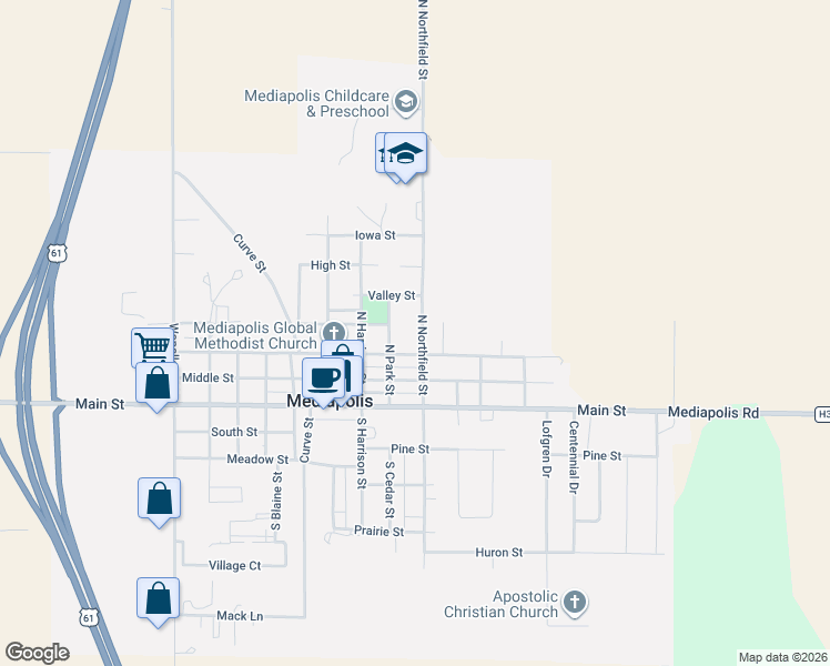 map of restaurants, bars, coffee shops, grocery stores, and more near 315 North Northfield Street in Mediapolis