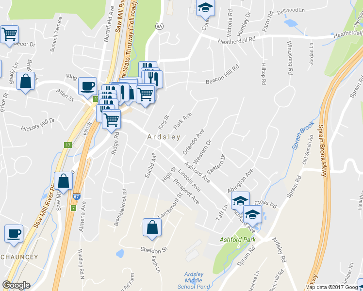 map of restaurants, bars, coffee shops, grocery stores, and more near 10 Fairmont Avenue in Ardsley