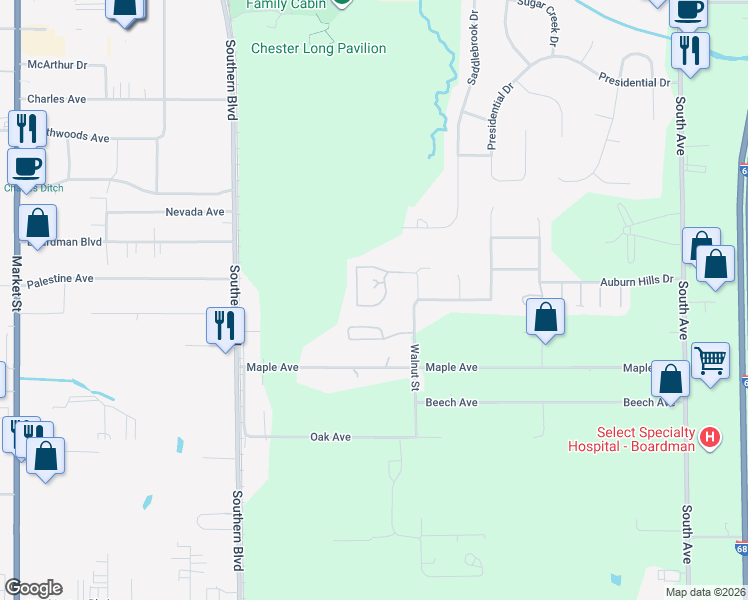 map of restaurants, bars, coffee shops, grocery stores, and more near 7854 Walnut Street in Youngstown