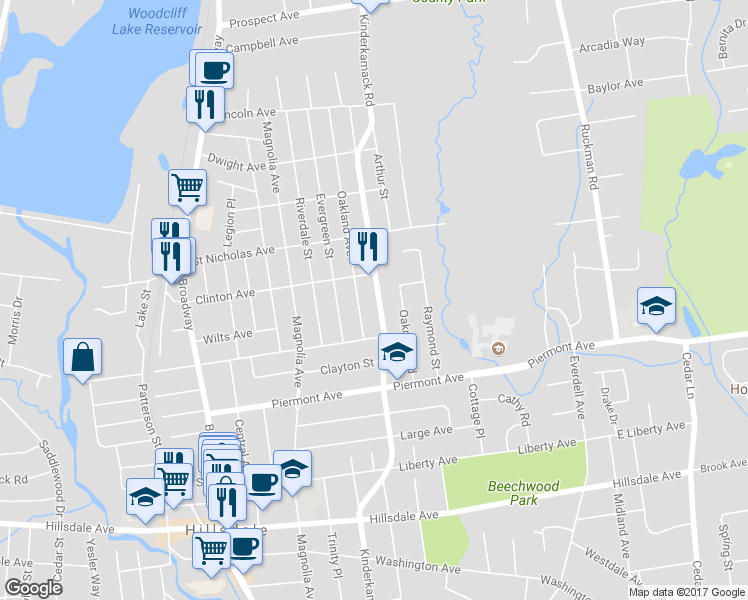 map of restaurants, bars, coffee shops, grocery stores, and more near 277 Kinderkamack Road in Hillsdale