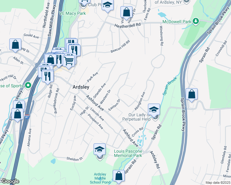 map of restaurants, bars, coffee shops, grocery stores, and more near 30 Eastern Drive in Ardsley
