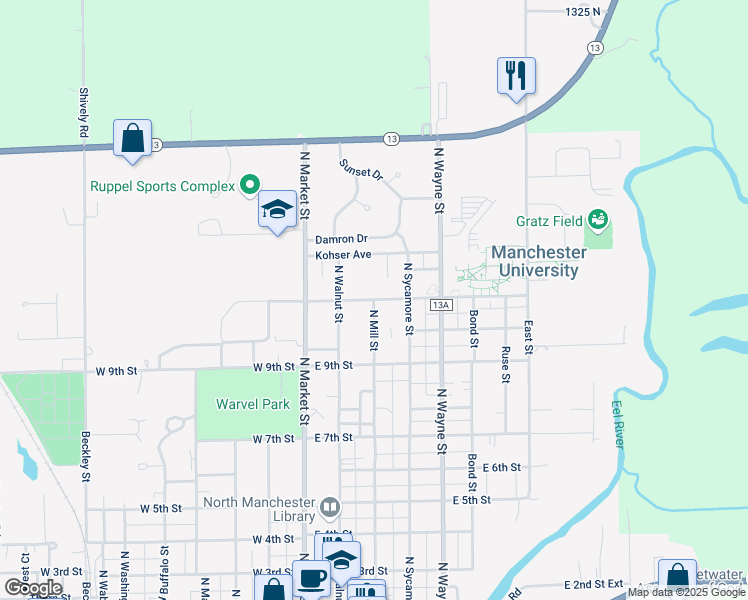 map of restaurants, bars, coffee shops, grocery stores, and more near 999 N Mill St in North Manchester