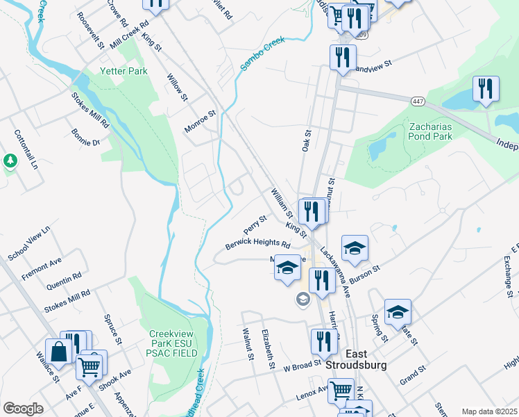 map of restaurants, bars, coffee shops, grocery stores, and more near 101 King Street in East Stroudsburg