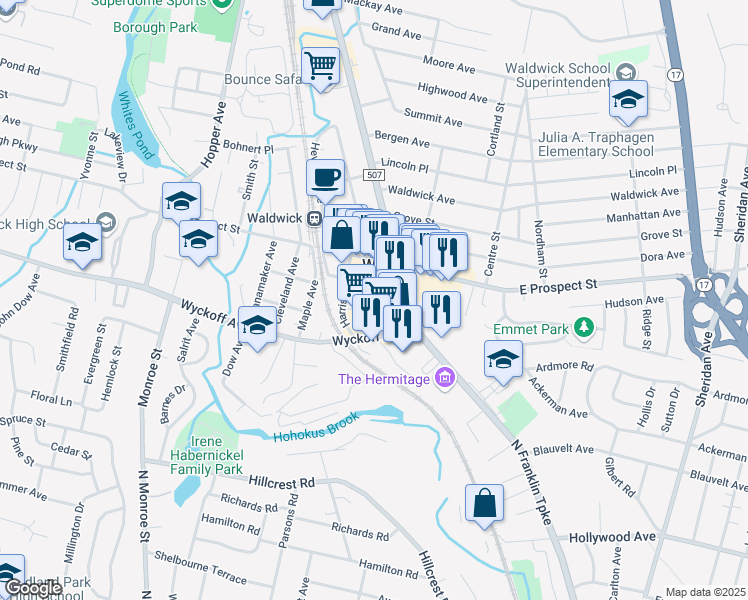 map of restaurants, bars, coffee shops, grocery stores, and more near 17 Walter Hammond Place in Waldwick