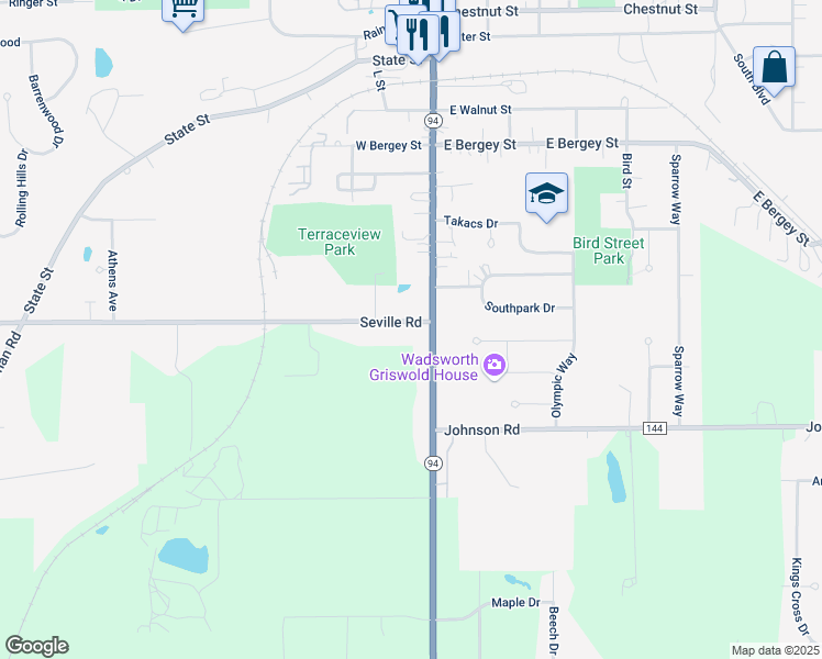 map of restaurants, bars, coffee shops, grocery stores, and more near 123 Seville Road in Wadsworth