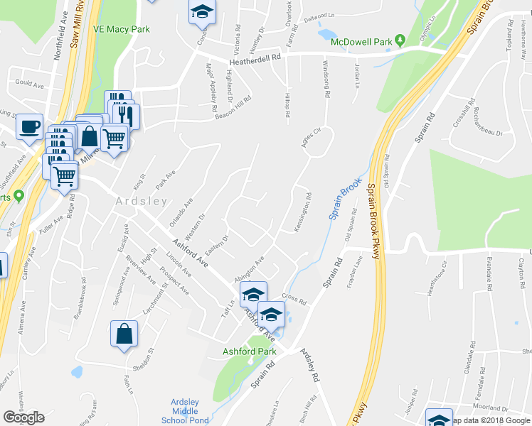 map of restaurants, bars, coffee shops, grocery stores, and more near 17 Rest Avenue in Ardsley