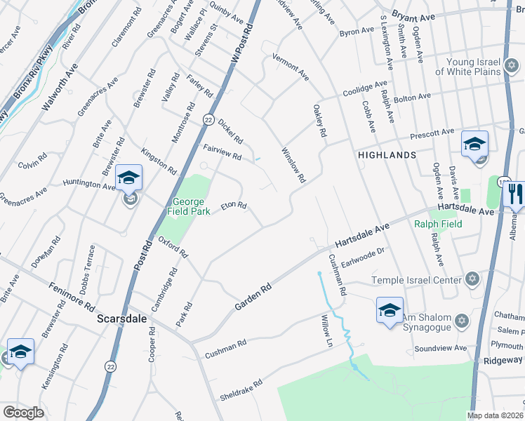 map of restaurants, bars, coffee shops, grocery stores, and more near 35 Eton Road in Scarsdale