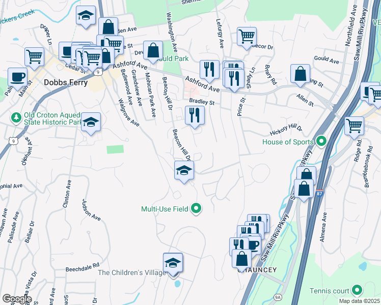 map of restaurants, bars, coffee shops, grocery stores, and more near 200 Beacon Hill Drive in Dobbs Ferry