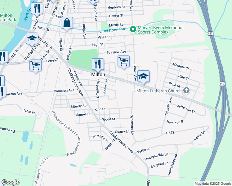 map of restaurants, bars, coffee shops, grocery stores, and more near 114 Georgetown Lane in Milton