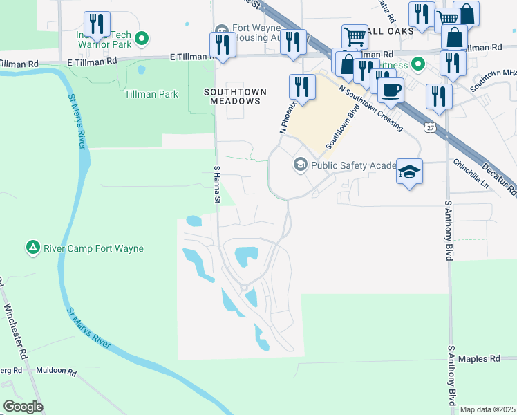 map of restaurants, bars, coffee shops, grocery stores, and more near 2 Prestwick Square Drive in Fort Wayne