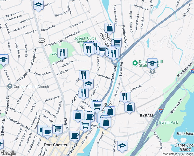 map of restaurants, bars, coffee shops, grocery stores, and more near 4 Lockwood Place in Port Chester