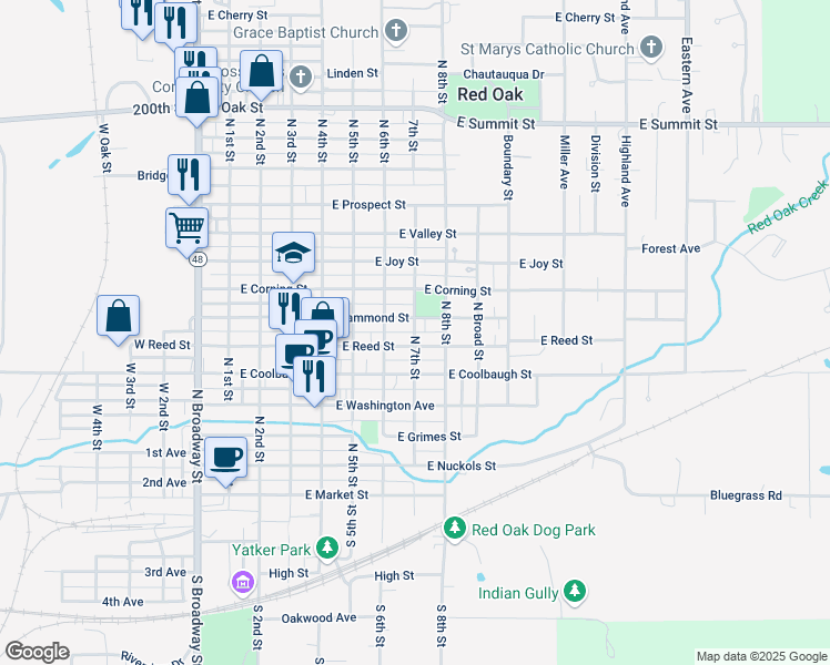 map of restaurants, bars, coffee shops, grocery stores, and more near North 7th Street in Red Oak