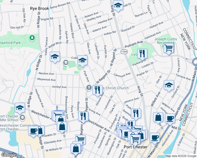 map of restaurants, bars, coffee shops, grocery stores, and more near 160 North Regent Street in Port Chester