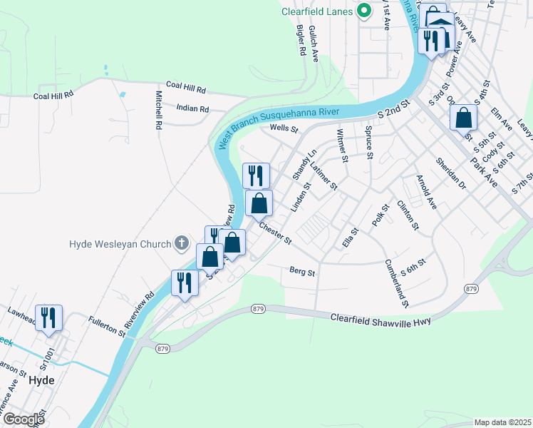 map of restaurants, bars, coffee shops, grocery stores, and more near 1010 South 2nd Street in Clearfield