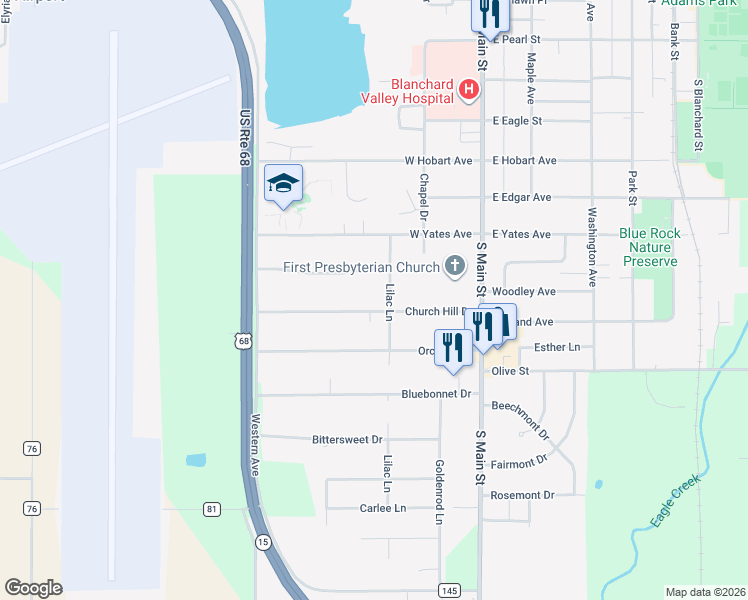 map of restaurants, bars, coffee shops, grocery stores, and more near 206 Church Hill Drive in Findlay