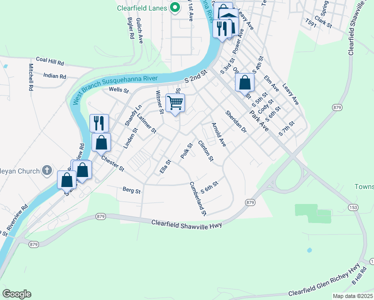 map of restaurants, bars, coffee shops, grocery stores, and more near Polk Street in Clearfield
